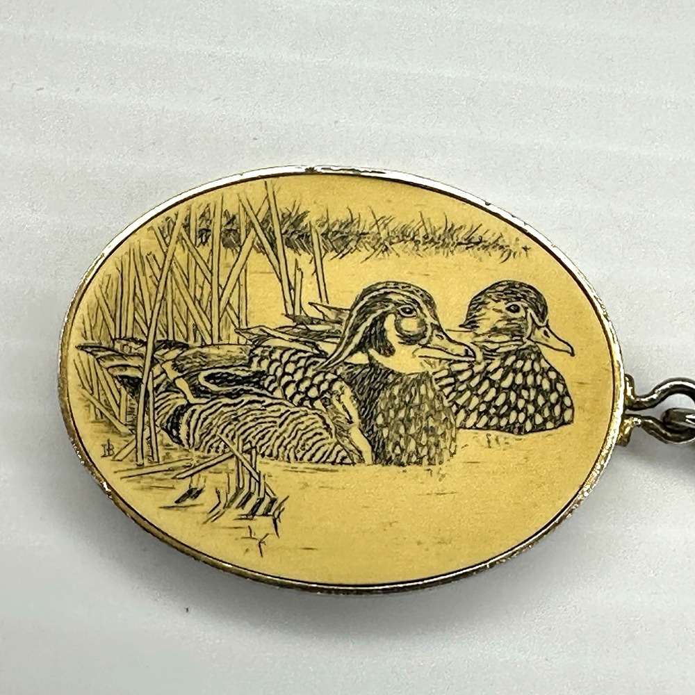 Barlow Duck Wildlife Keychain Gold Tone Etched Mallard Oval Charm